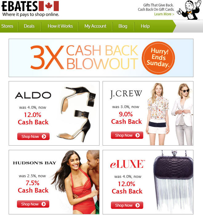 Ebates 3X Cash Back Blowout - Aldo, Hudson's Bay, J Crew, eLuxe