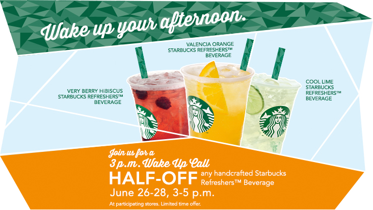 Starbucks 50 Off Any Starbucks Refreshers Beverage from 3-5pm (June 26-28)