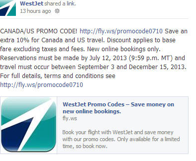 WestJet Extra 10 Off Flights within Canada and to US Promo Code (Book By July 12)