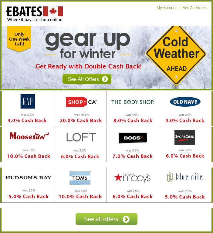 Ebates Double Cash Back - GAP, Shop, Sport Chek, Toms More (Until Nov 11)